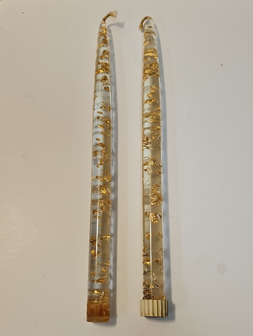 MCM LUCITE CLEAR WITH GOLD FLAX, 12 INCH CANDLESTICKS.